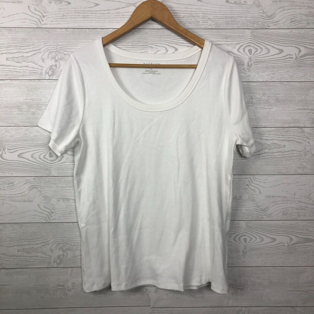 Talbots Plus Women's 1X Ribbed Short Sleeve Tee Shirt Scoop Neck Solid White